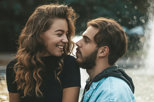 Happy young couple sitting outside having a deep conversation
